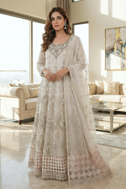 Off White Embroidered Organza Festive Suit Online in Dubai UAE Abudhabi Ajman Sharjah