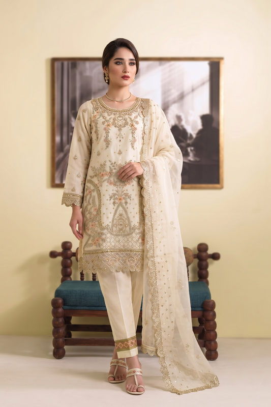 Off White Embroidered Organza Festive Suit Online in Dubai UAE Abudhabi Ajman Sharjah