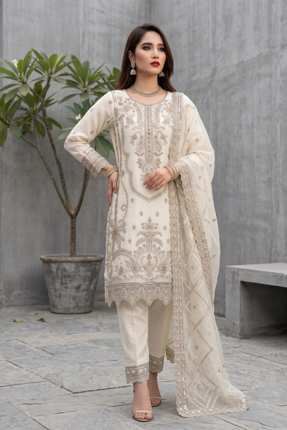 Off-White Embroidered Organza Festive Suit Online in Dubai UAE Abudhabi Ajman Sharjah