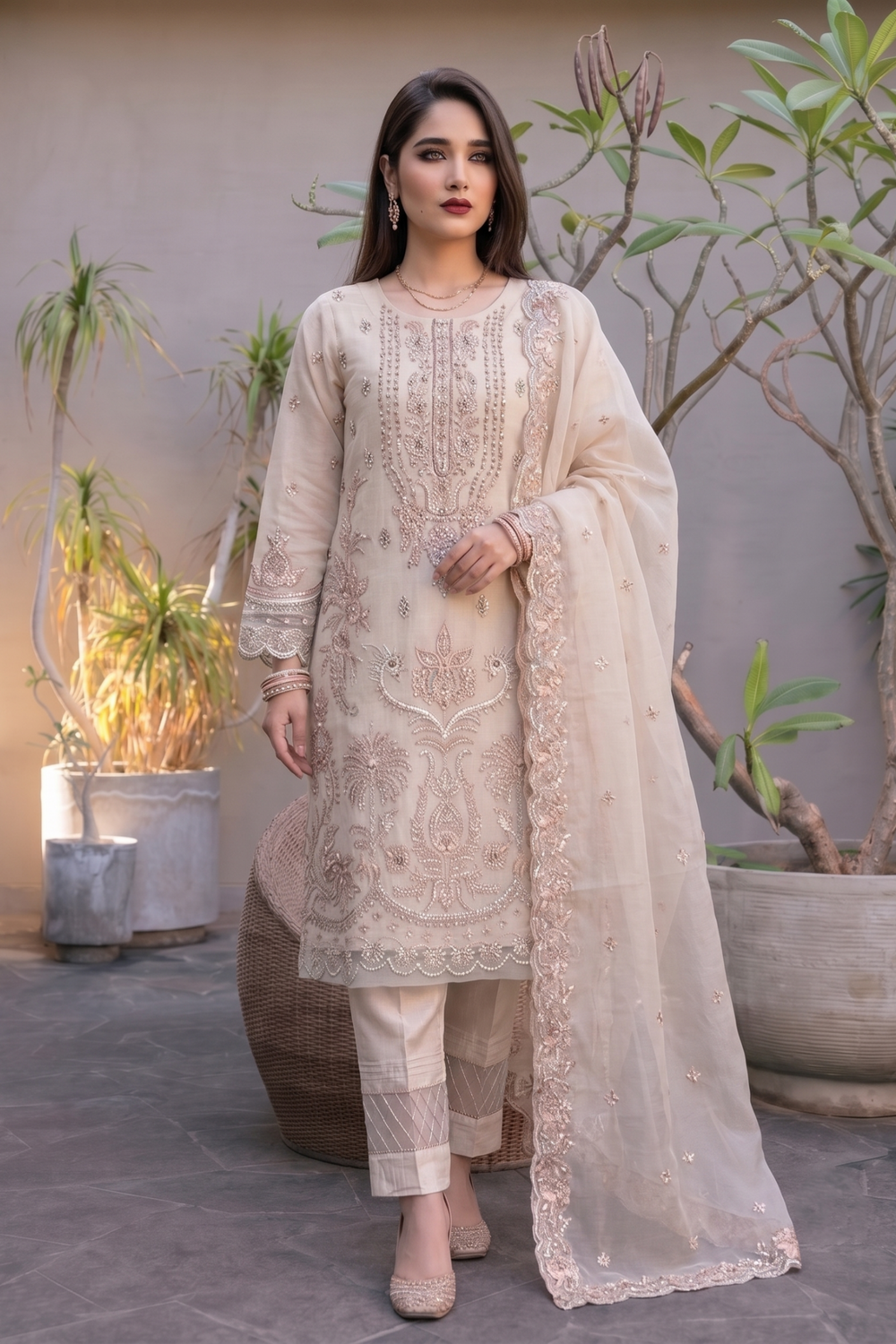 Off-White Embroidered Organza Festive Suit Online in Dubai UAE Abudhabi Ajman Sharjah