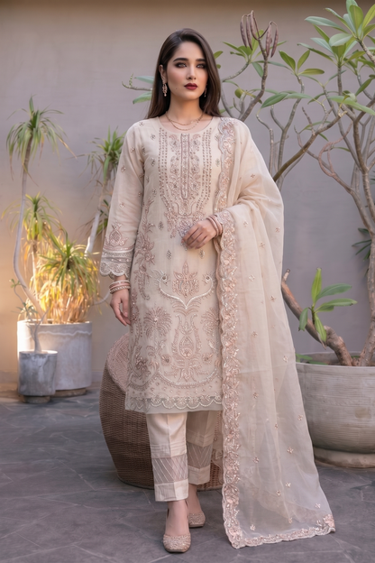 Off-White Embroidered Organza Festive Suit Online in Dubai UAE Abudhabi Ajman Sharjah