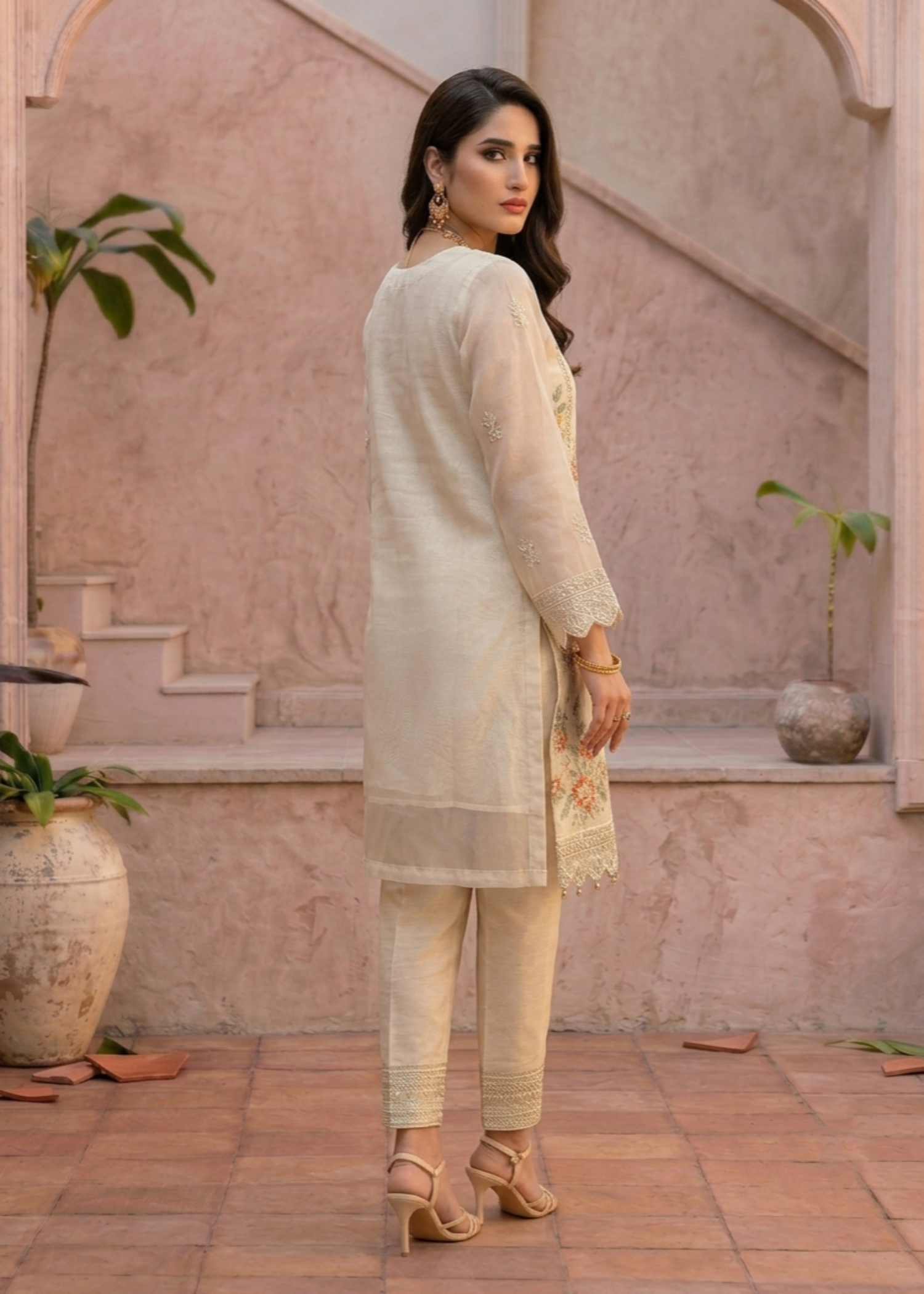 Off-White Embroidered Organza Ladies Suit Online in UK USA Canada