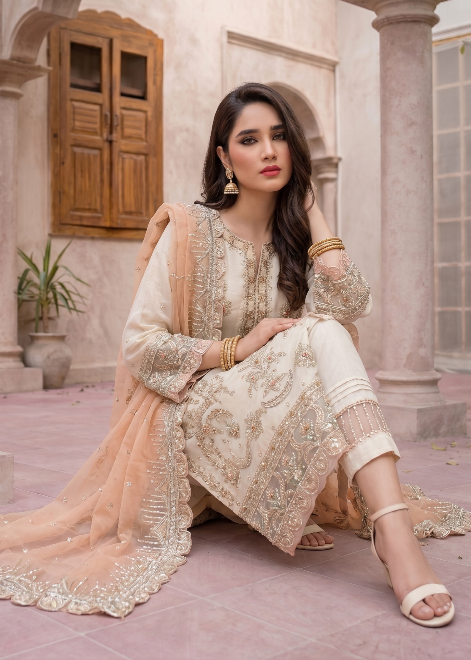 Off-White Embroidered Organza Ladies Suit Online in UK USA Canada
