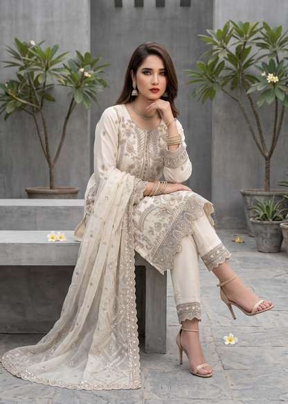 Off-White Embroidered Organza Pakistani Outfit Online in UK USA Canada