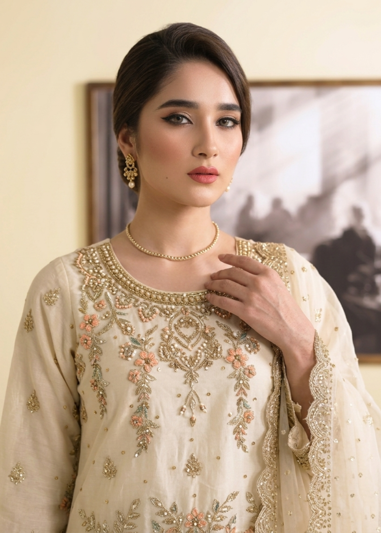 Off White Embroidered Organza Pakistani Suit Online in Dubai DXB UAE Abudhabi Meena Bazaar