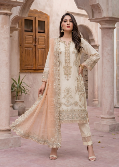 Off-White Embroidered Organza Pakistani Suit Online in Dubai DXB UAE Abudhabi Meena Bazaar