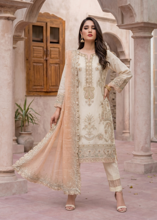 Off-White Embroidered Organza Pakistani Suit Online in Dubai DXB UAE Abudhabi Meena Bazaar