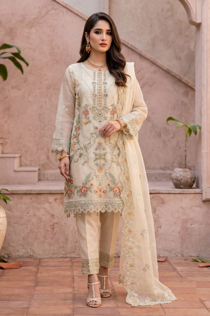 Off-White Embroidered Organza Party Wear Suit Online in Dubai UAE Abudhabi Ajman Sharjah