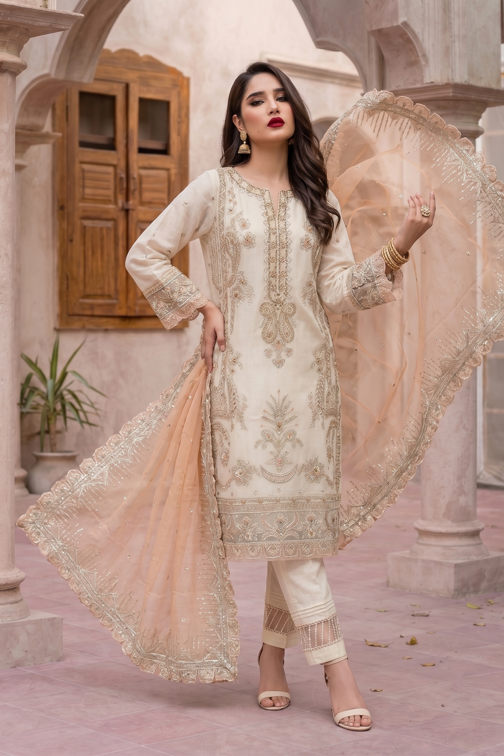 Off-White Embroidered Organza Party Wear Suit Online in Dubai UAE Abudhabi Ajman Sharjah