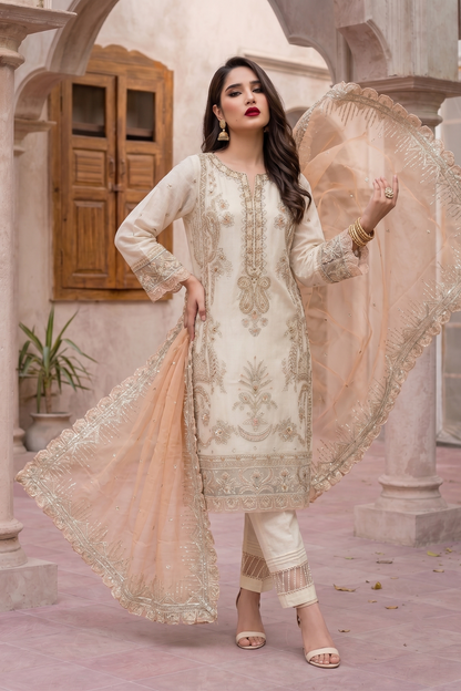 Off-White Embroidered Organza Party Wear Suit Online in Dubai UAE Abudhabi Ajman Sharjah