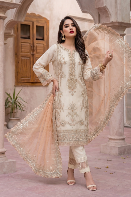 Off-White Embroidered Organza Party Wear Suit Online in Dubai UAE Abudhabi Ajman Sharjah