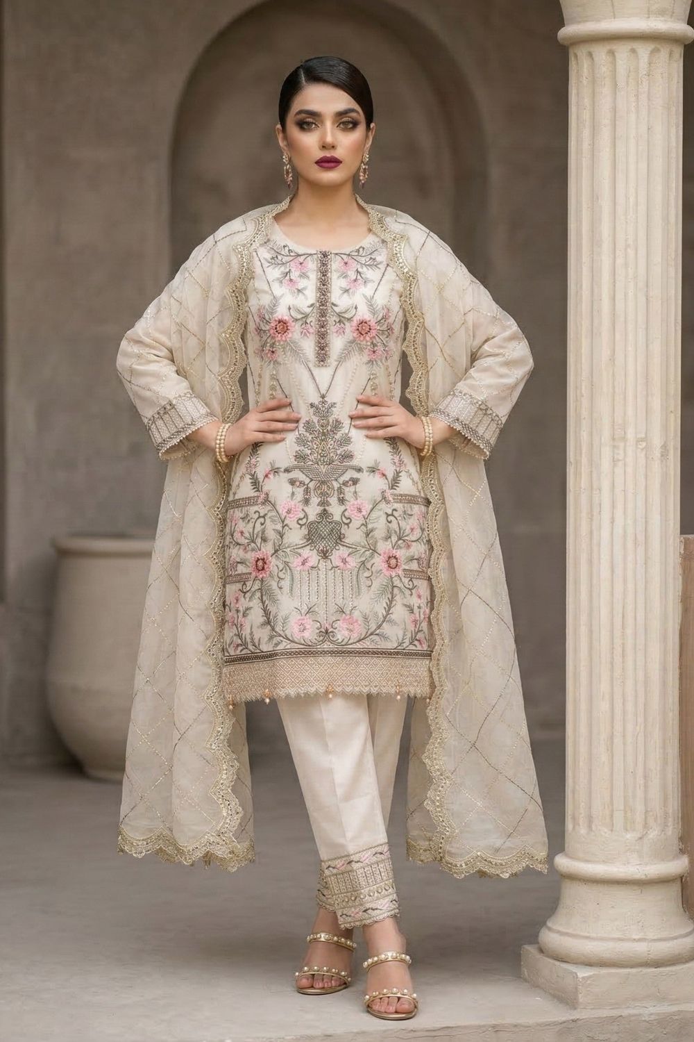 Off White Embroidered Organza Partywear Suit Online in Dubai UAE Abudhabi Ajman Sharjah