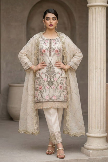 Off White Embroidered Organza Partywear Suit Online in Dubai UAE Abudhabi Ajman Sharjah