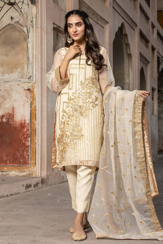 Off White Embroidered Organza Raw Silk Salwar Kameez Online in Dubai UAE Abudhabi Ajman Sharjah