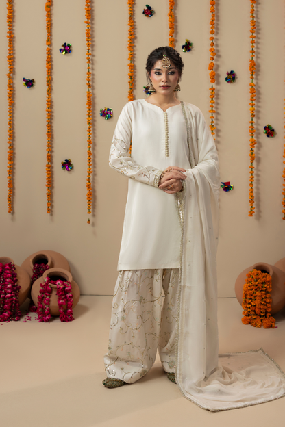 Off-White Embroidered Raw Silk Farshi Shalwar Suit Online in Dubai UAE Abudhabi Ajman Sharjah