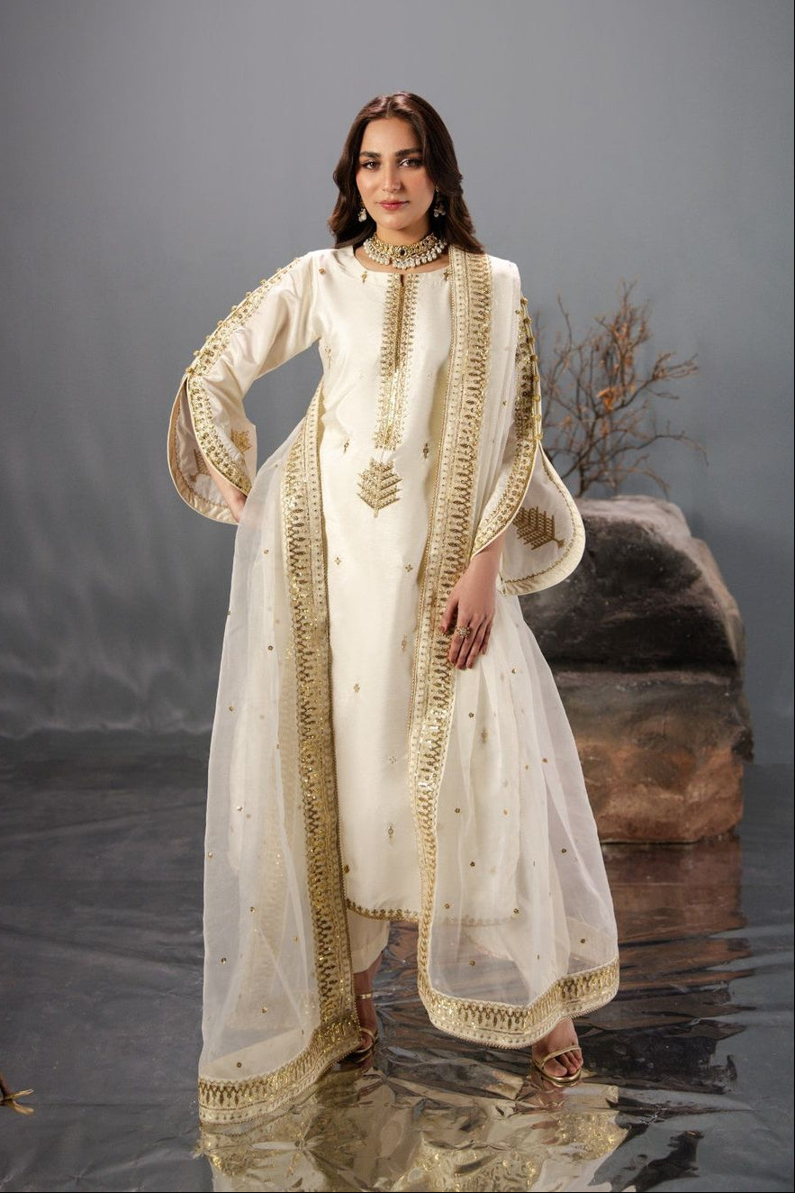 Off-White Embroidered Raw Silk Festive Suit Online in Dubai UAE Abudhabi Ajman Sharjah