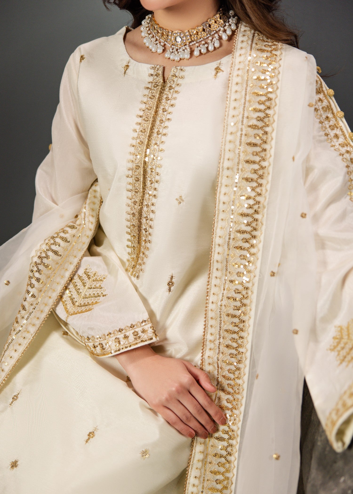 Off-White Embroidered Raw Silk Kurta with Organza Dupatta Online in Sri Lanka India Australia