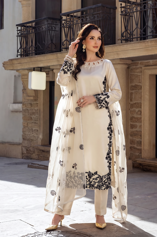Off-White Embroidered Silk Partywear Suit Online in Dubai UAE Abudhabi Ajman Sharjah