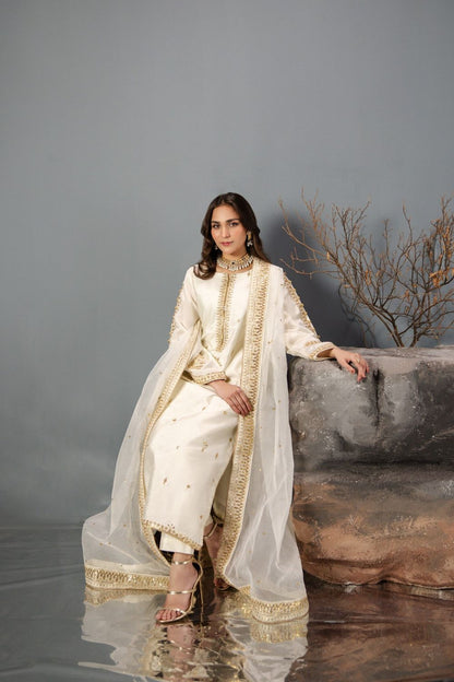 Off-White Embroidered Silk Salwar Kameez Online in Dubai UAE Abudhabi Ajman Sharjah