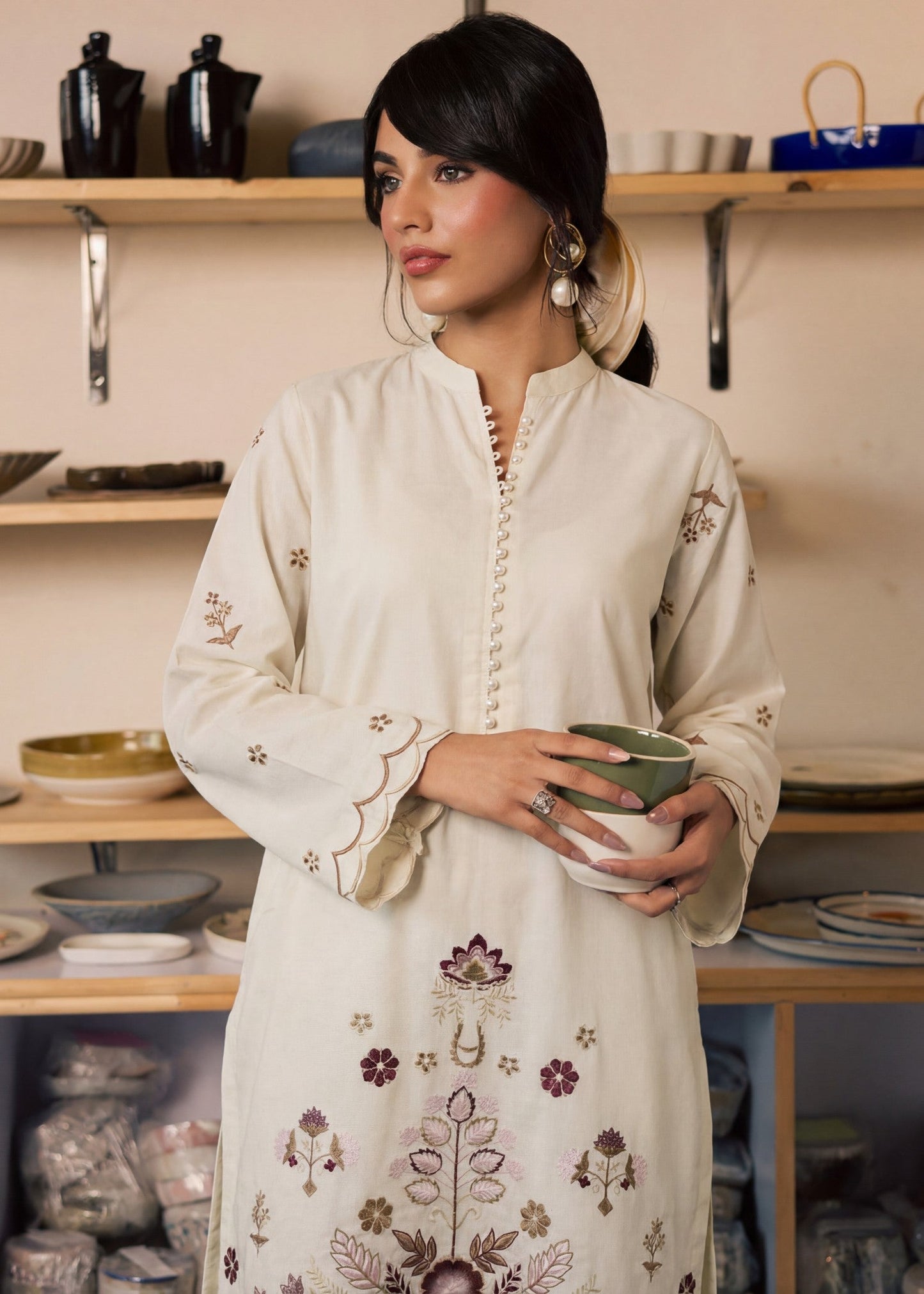 Off White Embroidered Straight Kurta Suit Online in Dubai DXB UAE Abudhabi Meena Bazaar