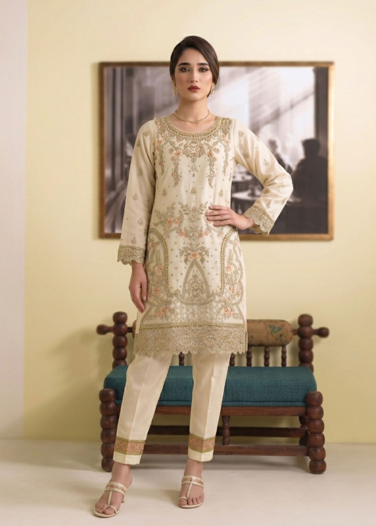 Off White Festive Wear Organza Suit Online in Dubai DXB UAE Abudhabi Meena Bazaar