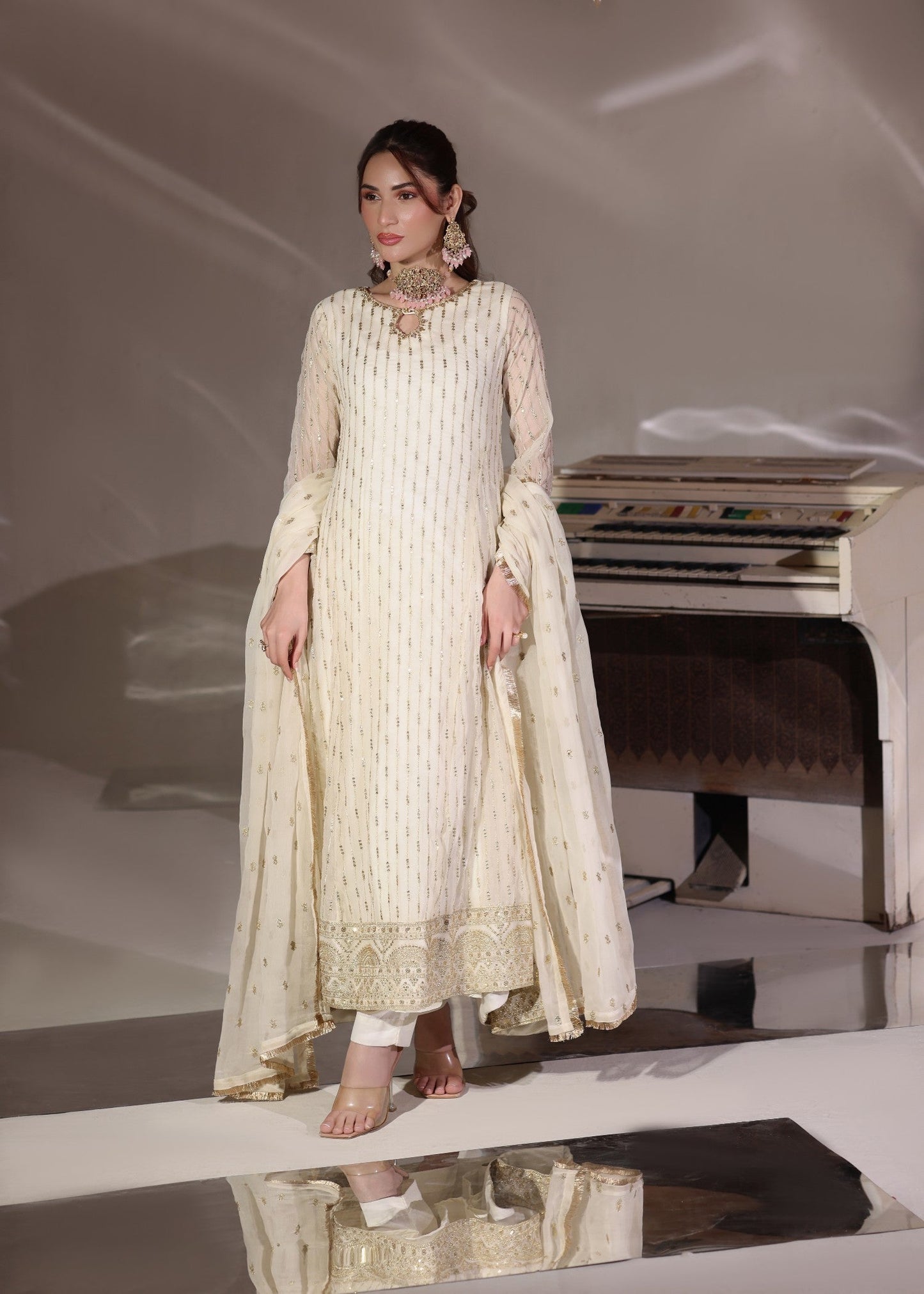 Off-White Flared Pishwas Embroidered Chiffon Suit Online in Dubai DXB UAE Abudhabi Meena Bazaar