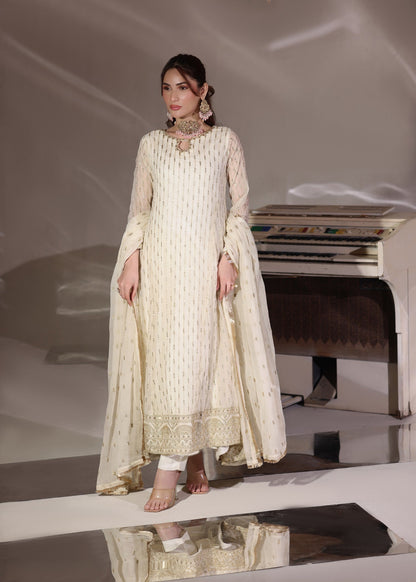Off-White Flared Pishwas Embroidered Chiffon Suit Online in Dubai DXB UAE Abudhabi Meena Bazaar