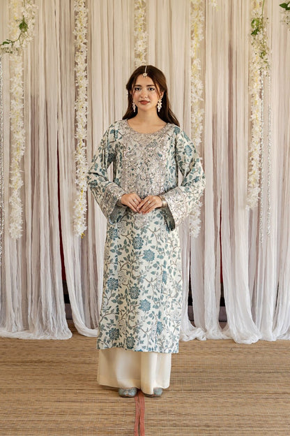 Off-White Floral Print Lawn Kurta Set Online in Dubai UAE Abudhabi Ajman Sharjah