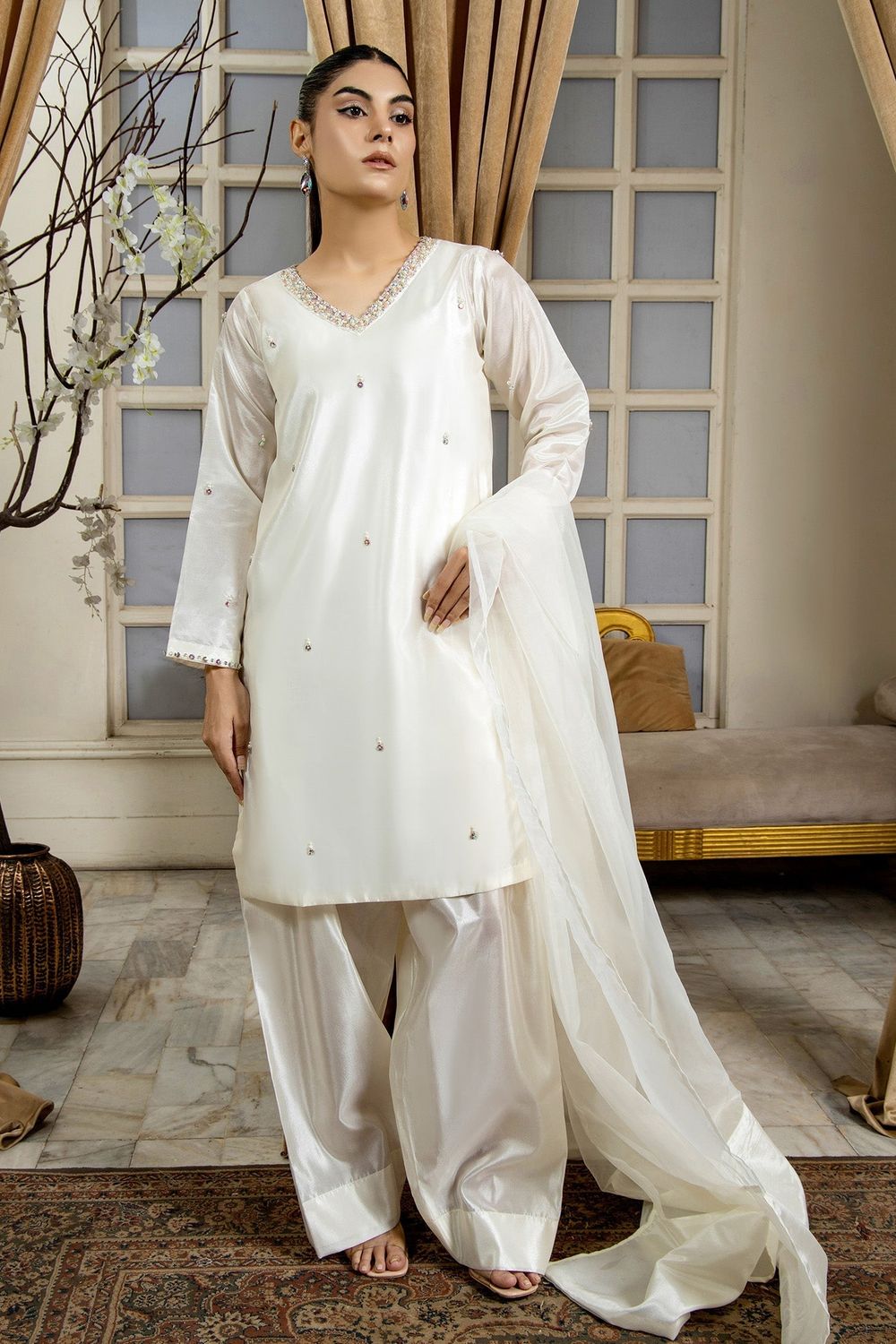 Off-White Hand Embellished Kattan Silk Farshi Shalwar Suit Online in Dubai UAE Abudhabi Ajman Sharjah