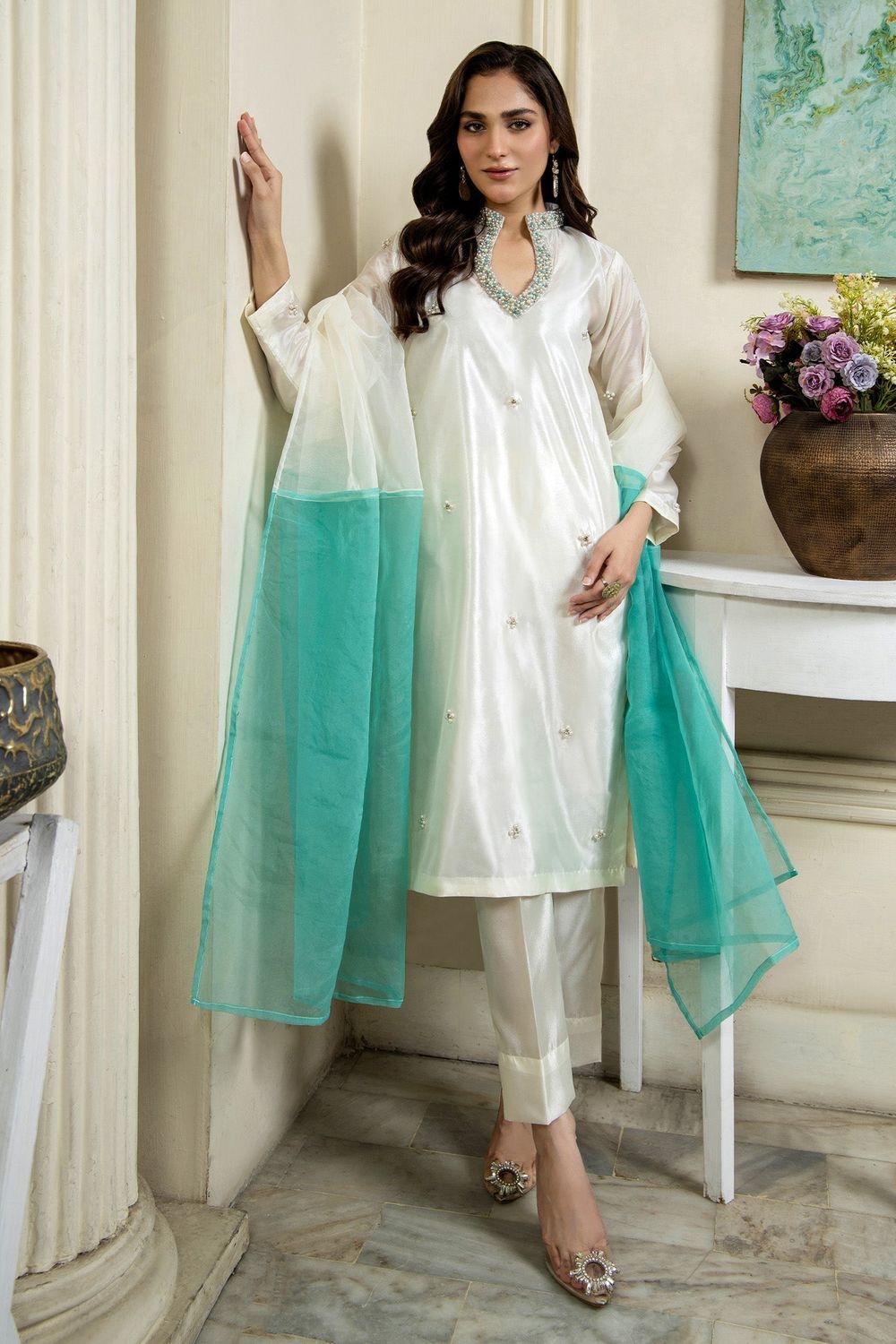 Off White Hand Embellished Kattan Silk Straight Cut Kurta Online in Dubai UAE Abudhabi Ajman Sharjah