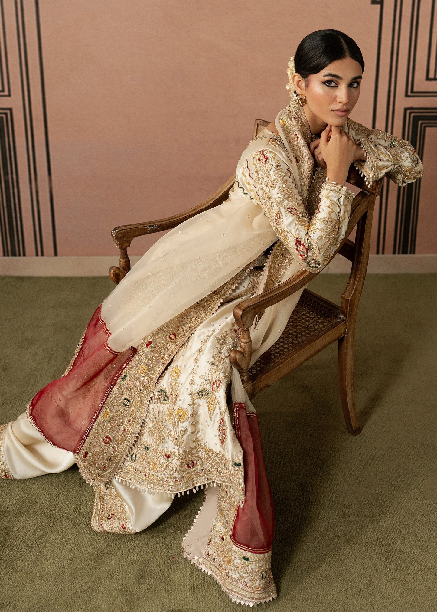 Off-White Hand Embroidered Charmuse Suit with Organza Dupatta Online in Sri Lanka India Australia
