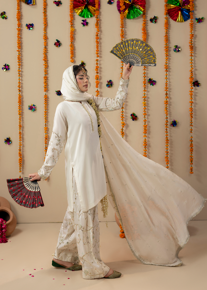 Off-White Heavy Embroidered Silk Farshi Suit Online in Sri Lanka India Australia