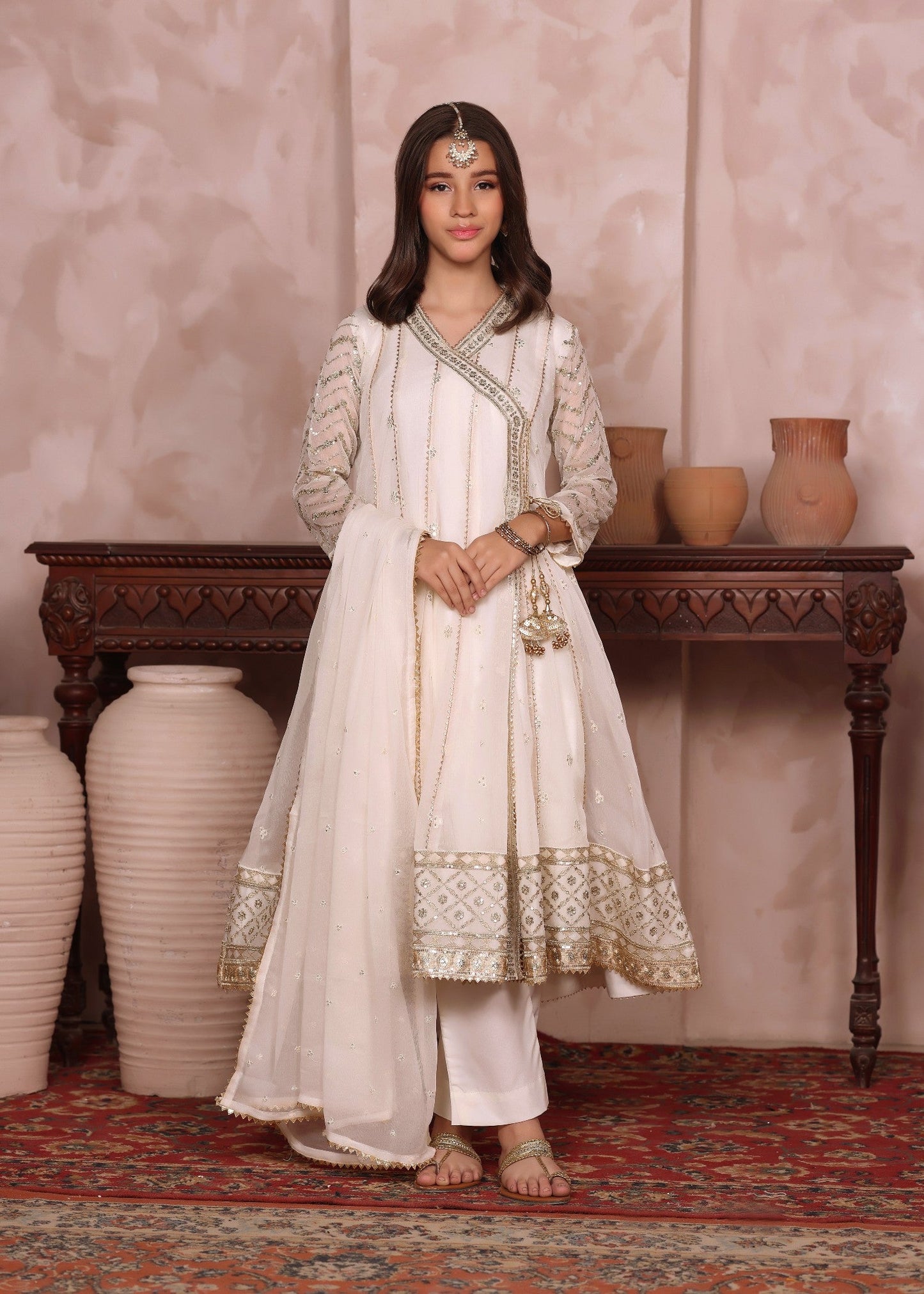 Off White Kids Partywear Embroidered Chiffon Suit Online in UK USA Canada