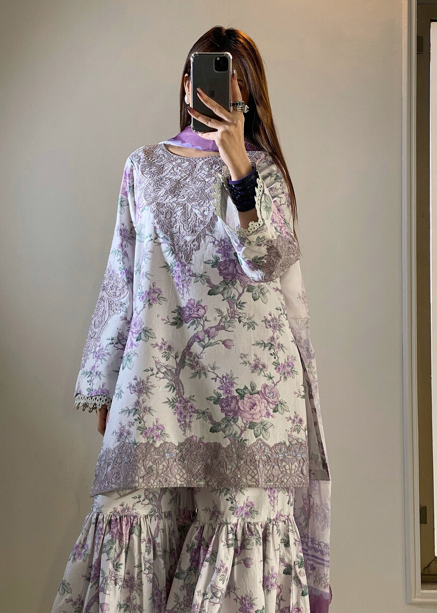 Off White Lawn Printed Gharara Suit Online in Dubai UAE Abudhabi Ajman Sharjah