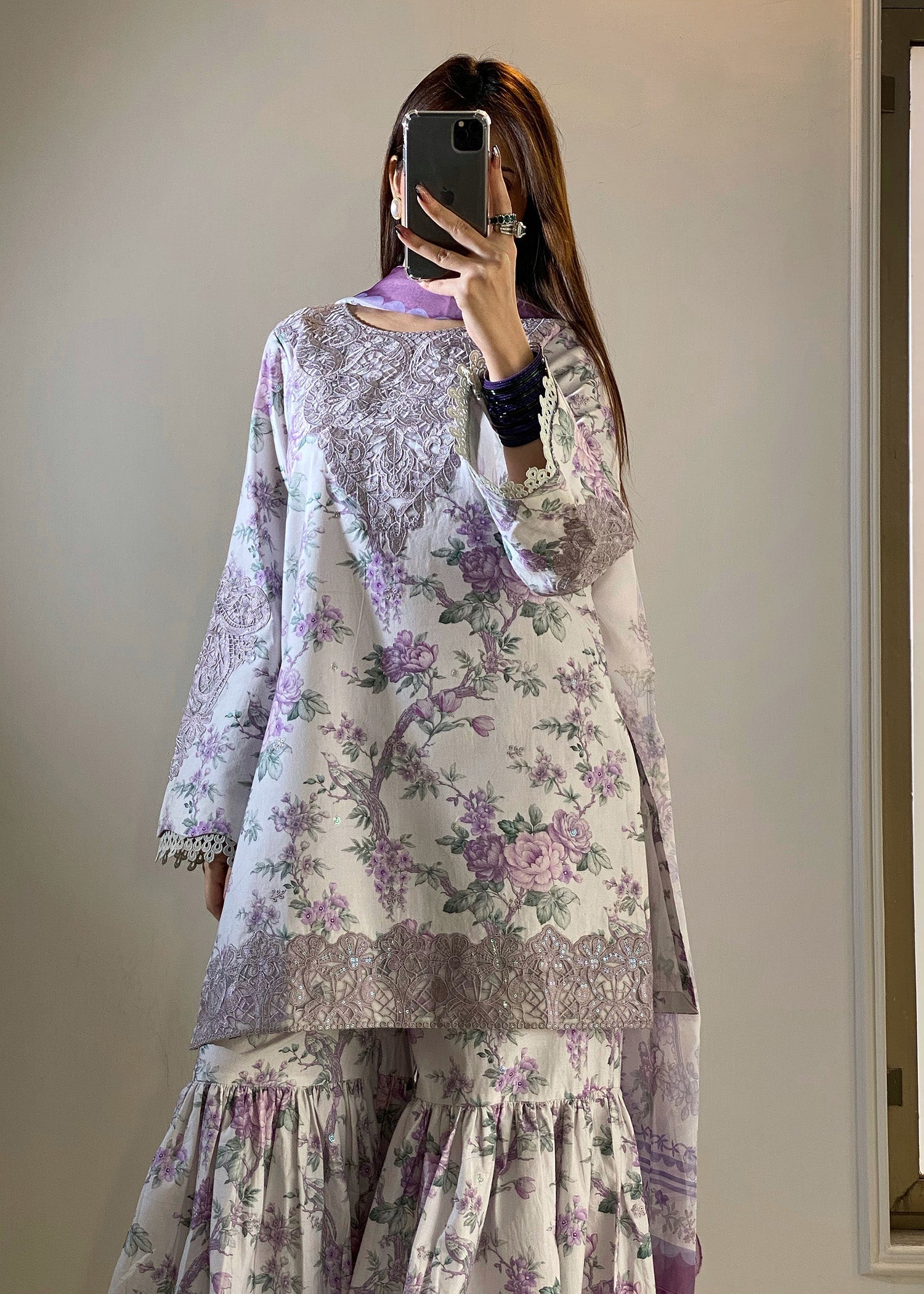 Off White Lawn Printed Gharara Suit Online in Dubai UAE Abudhabi Ajman Sharjah