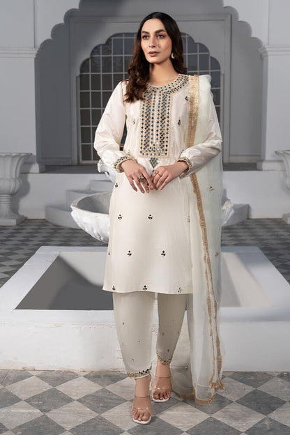 Off-White Mirror Work Kattan Silk Salwar Kameez Online in Dubai UAE Abudhabi Ajman Sharjah