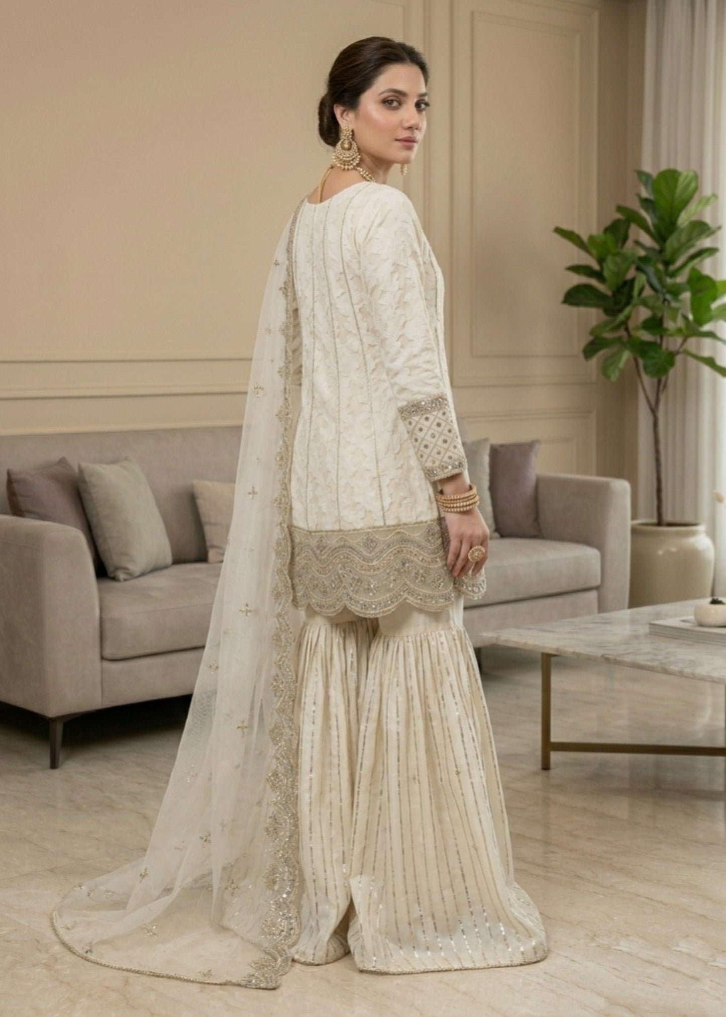 Off-White Net Embroidered Gharara Salwar Online in Dubai UAE Abudhabi Ajman Sharjah