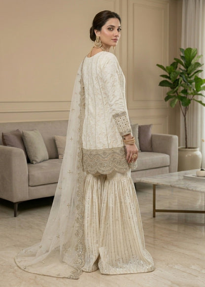 Off-White Net Embroidered Gharara Salwar Online in Dubai UAE Abudhabi Ajman Sharjah