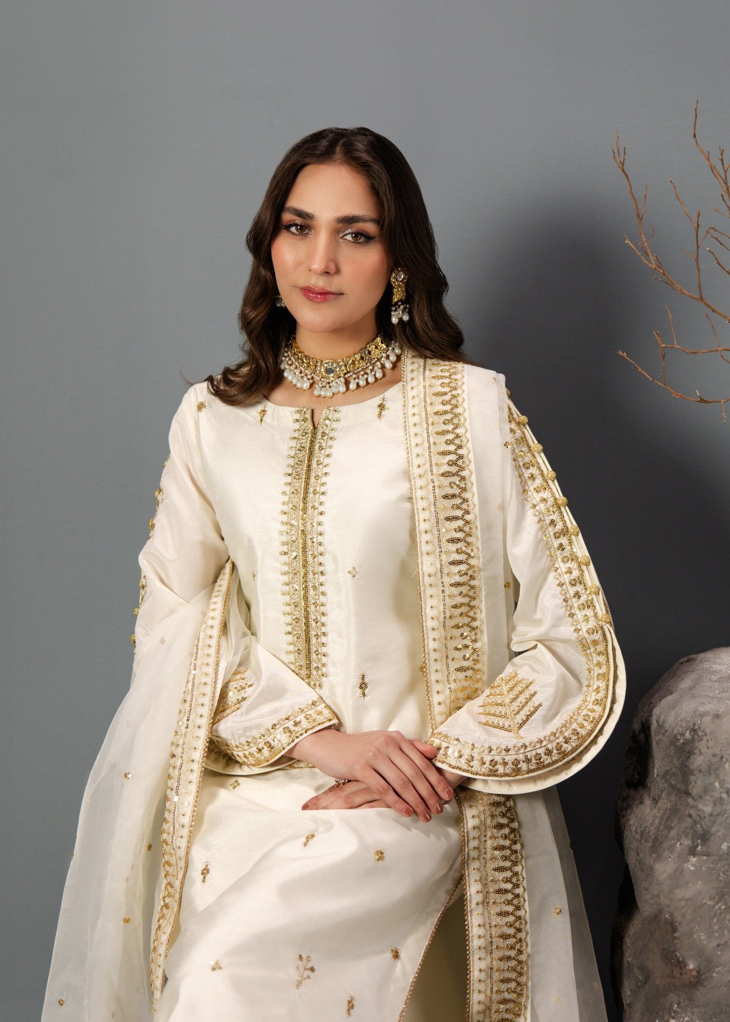 Off-White Organza Dupatta Raw Silk Suit Online in Sri Lanka India Australia