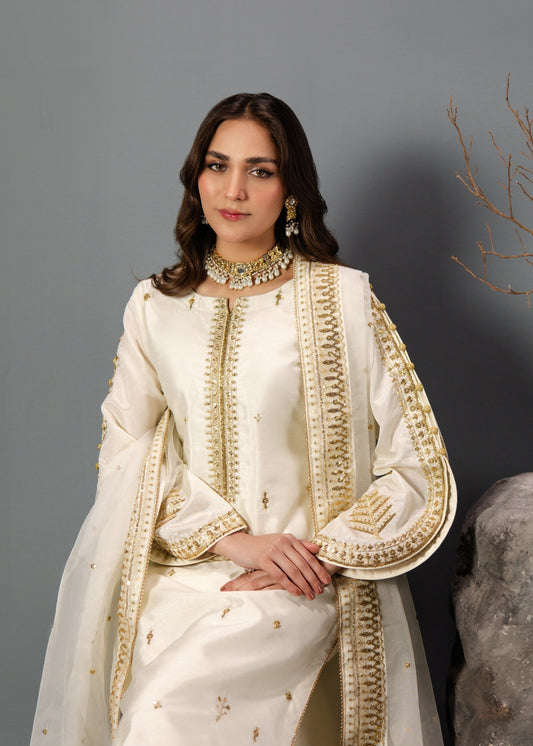 Off-White Organza Dupatta Raw Silk Suit Online in Sri Lanka India Australia