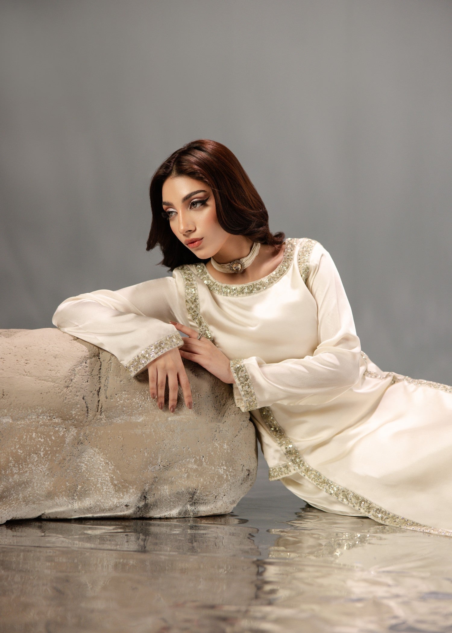 Off-White Organza Dupatta Stone Work Kurta Set Online in Sri Lanka India Australia