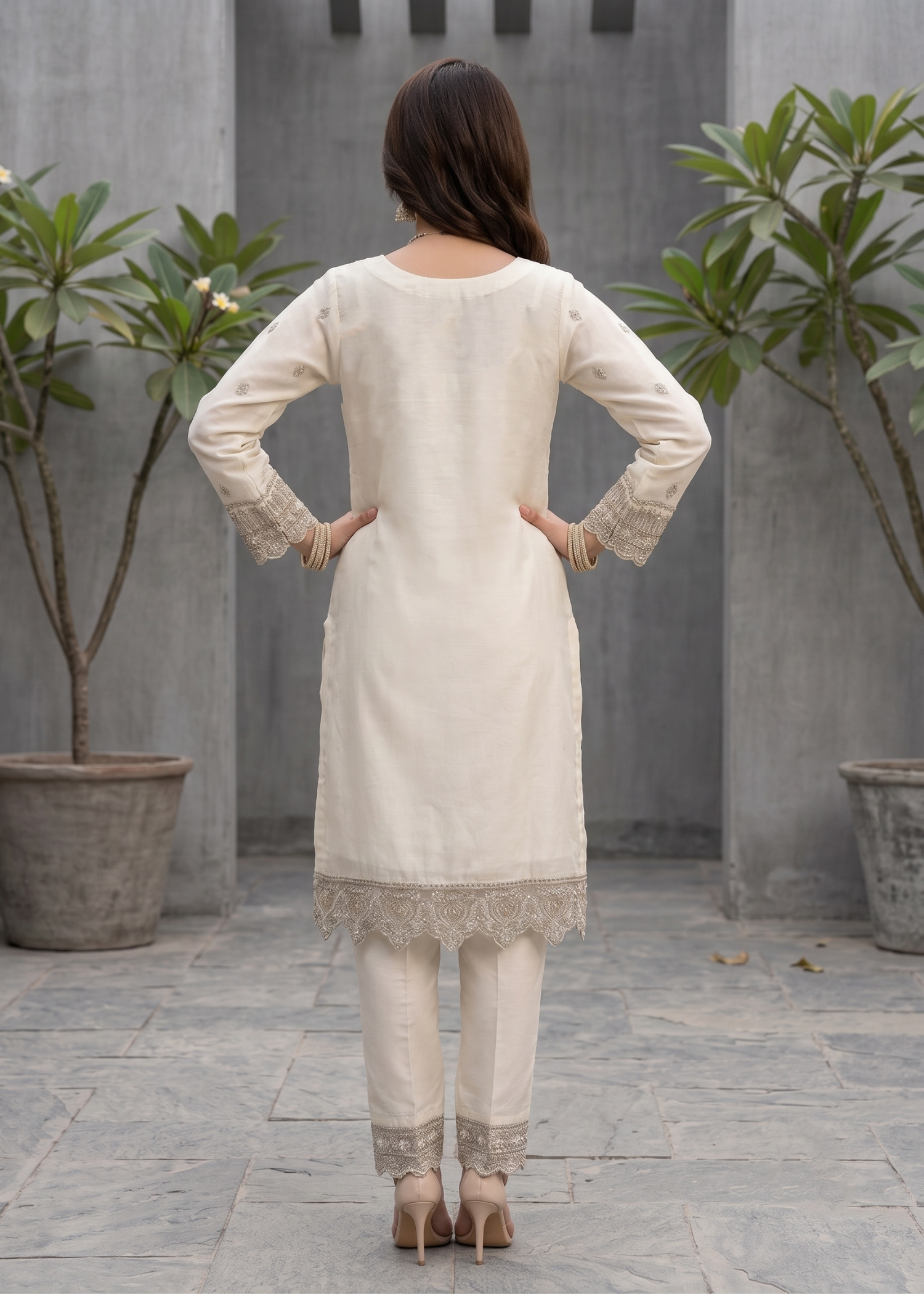 Off-White Organza Embroidered Dress Material Online in Dubai DXB UAE Abudhabi Meena Bazaar