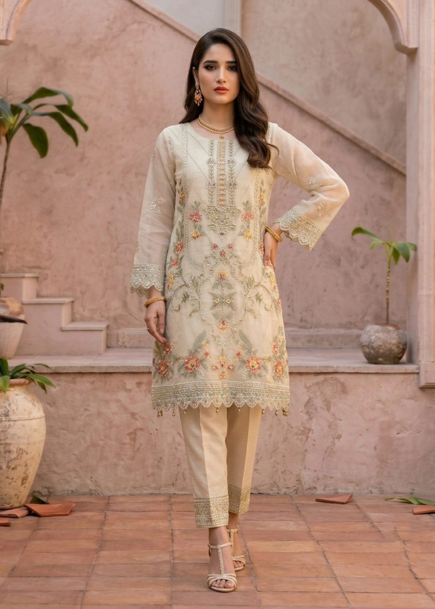 Off-White Organza Embroidered Festive Suit Online in Dubai DXB UAE Abudhabi Meena Bazaar