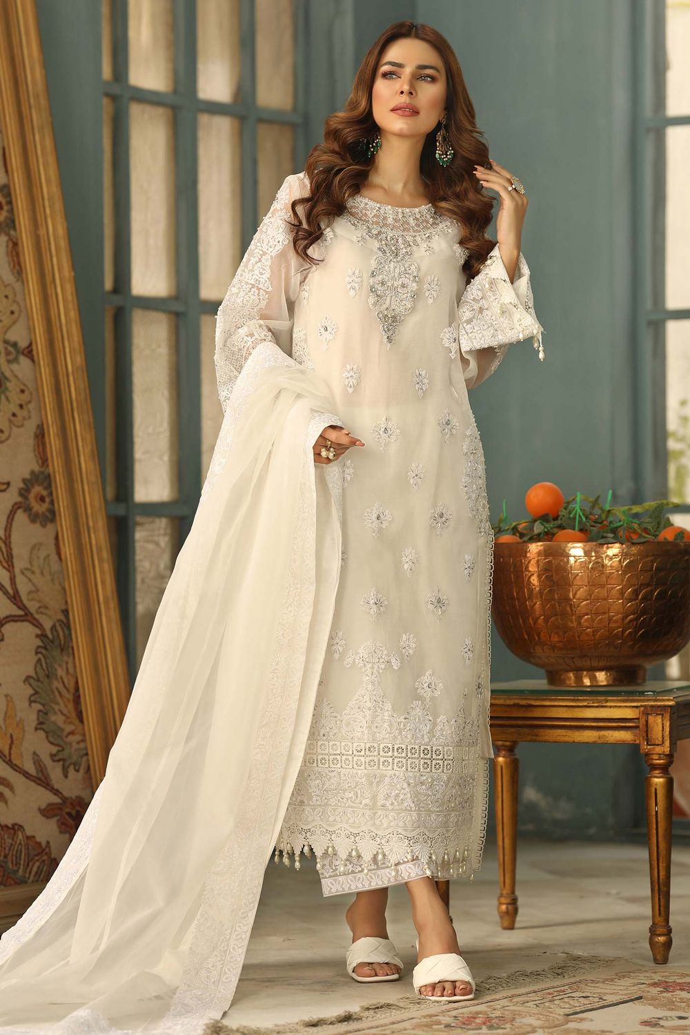 Off-White Organza Embroidered Festive Suit Online in Dubai UAE Abudhabi Ajman Sharjah