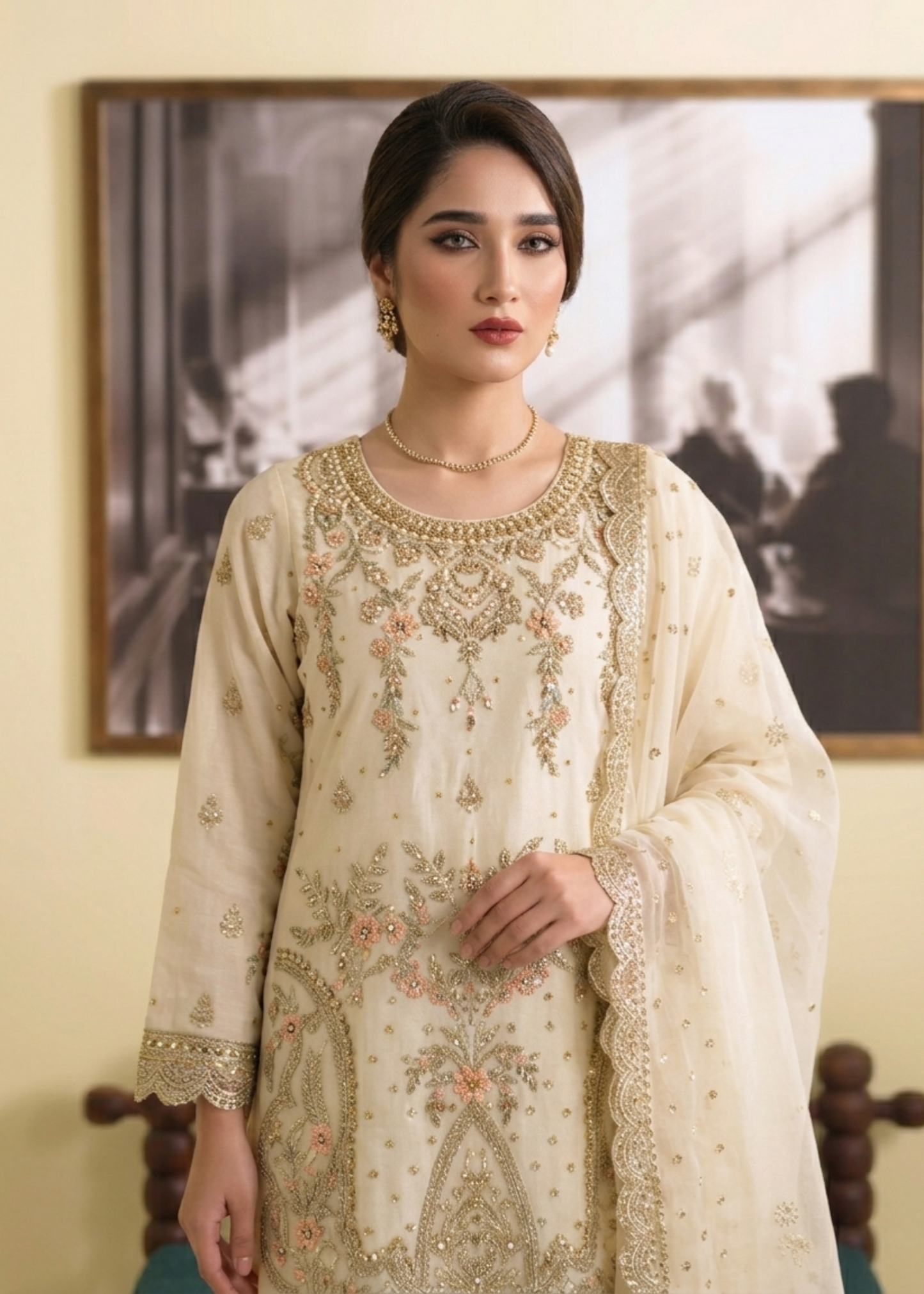 Off White Organza Embroidered Ladies Suit Online in UK USA Canada