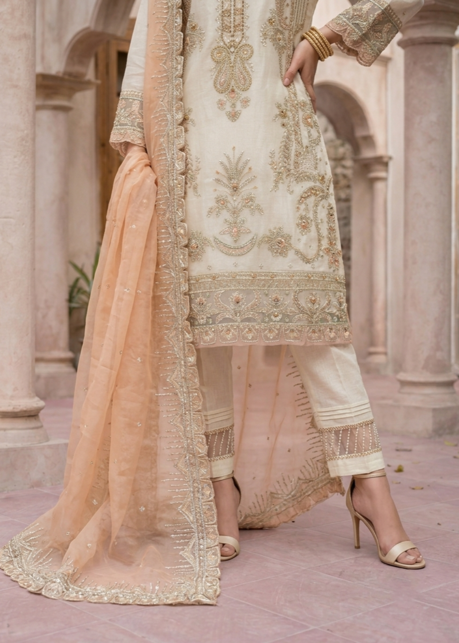 Off-White Organza Embroidered Pakistani Salwar Kameez Online in Dubai UAE Abudhabi Ajman Sharjah