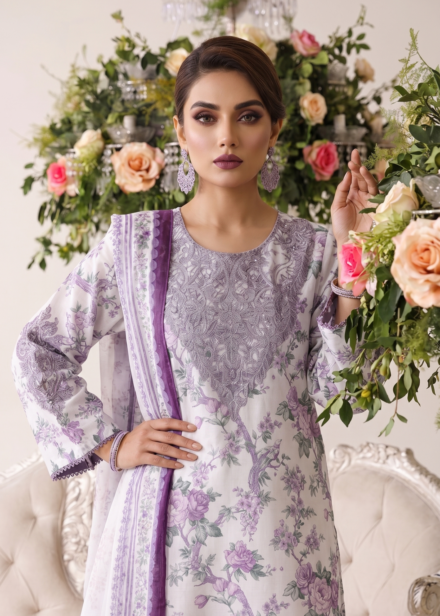 Off White Pakistani Lawn Suit Online in Dubai UAE Abudhabi Ajman Sharjah