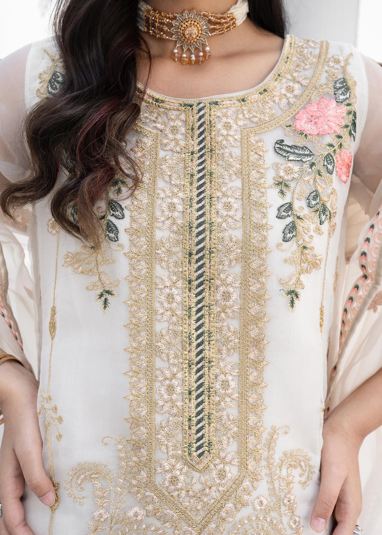 Off White Pink Thread Embroidered Organza Dupatta Online in Sri Lanka India Australia