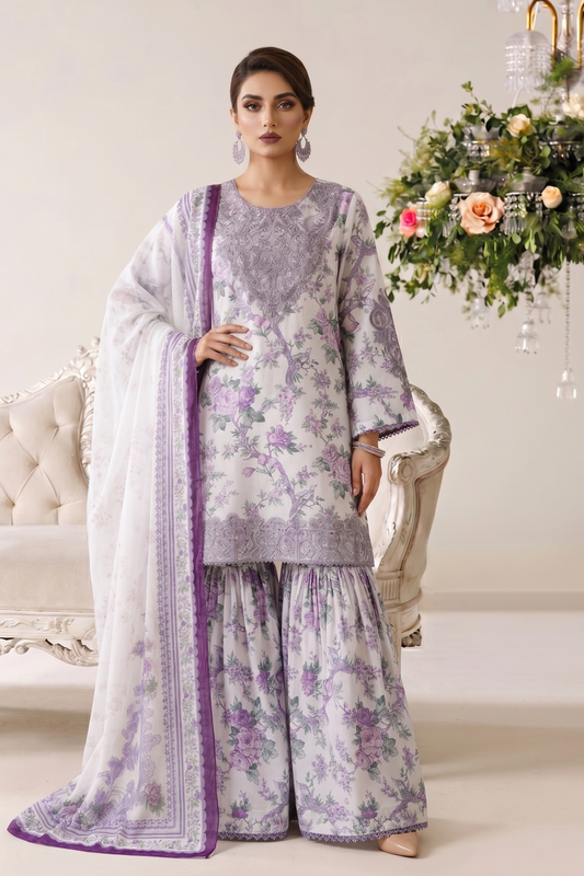 Off White Printed Lawn Gharara Suit Online in Dubai UAE Abudhabi Ajman Sharjah