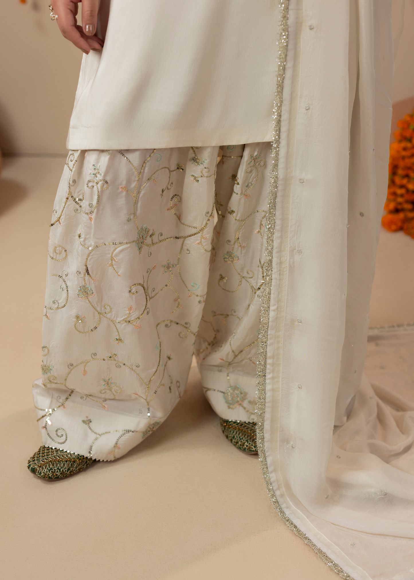 Off-White Raw Silk Embellished Farshi Suit Online in Sri Lanka India Australia
